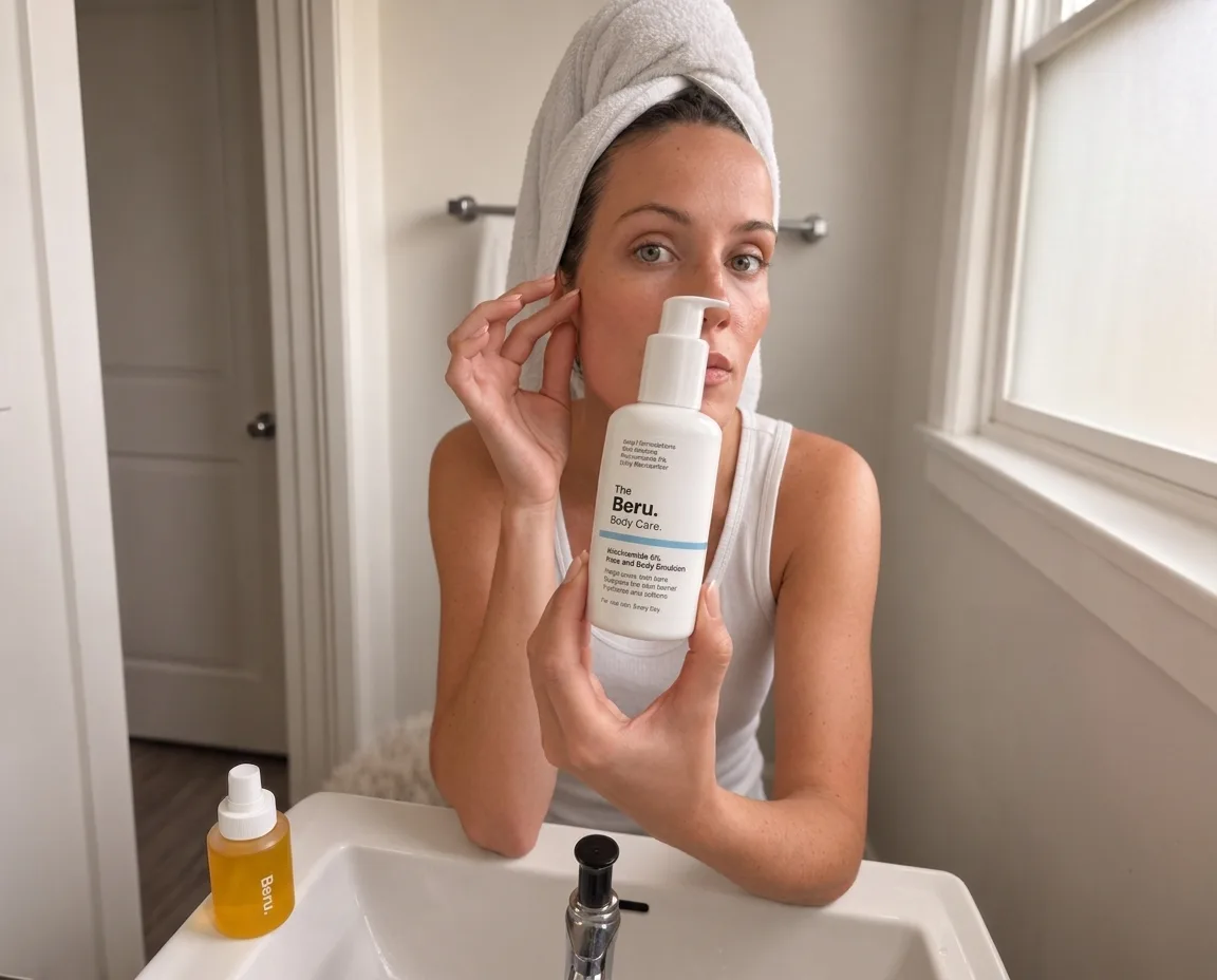 Contenido UGC con IA: creadora mostrando un producto de skincare en su baño